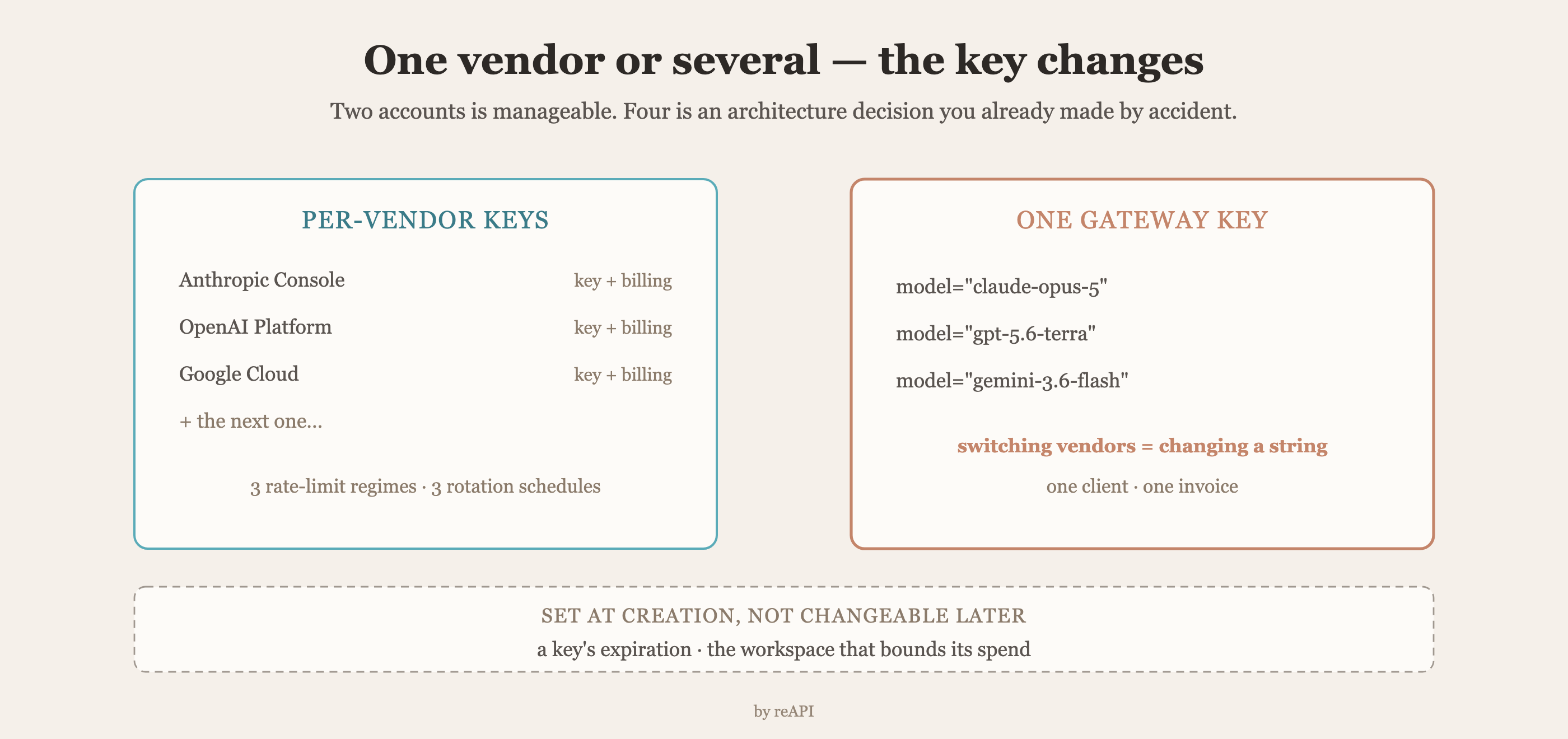 Per-vendor keys versus one gateway key: three separate consoles each with their own key, billing, rate limits and rotation, against a single client where switching vendors is changing a model string