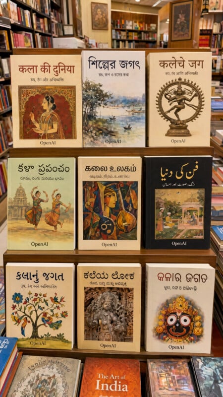 Bookstore scene generated by GPT Image 2 in which each book title is rendered in a distinct Indic script as coherent readable text