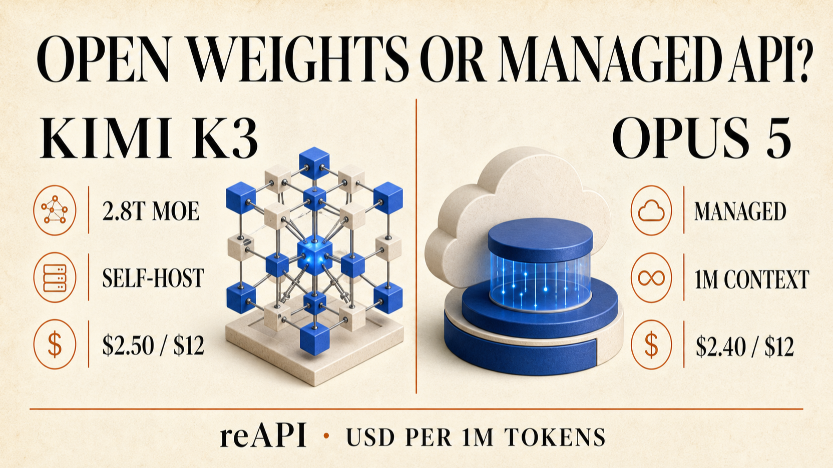 Kimi K3 open-weight deployment compared with Claude Opus 5 managed API, showing the control and operations trade-off