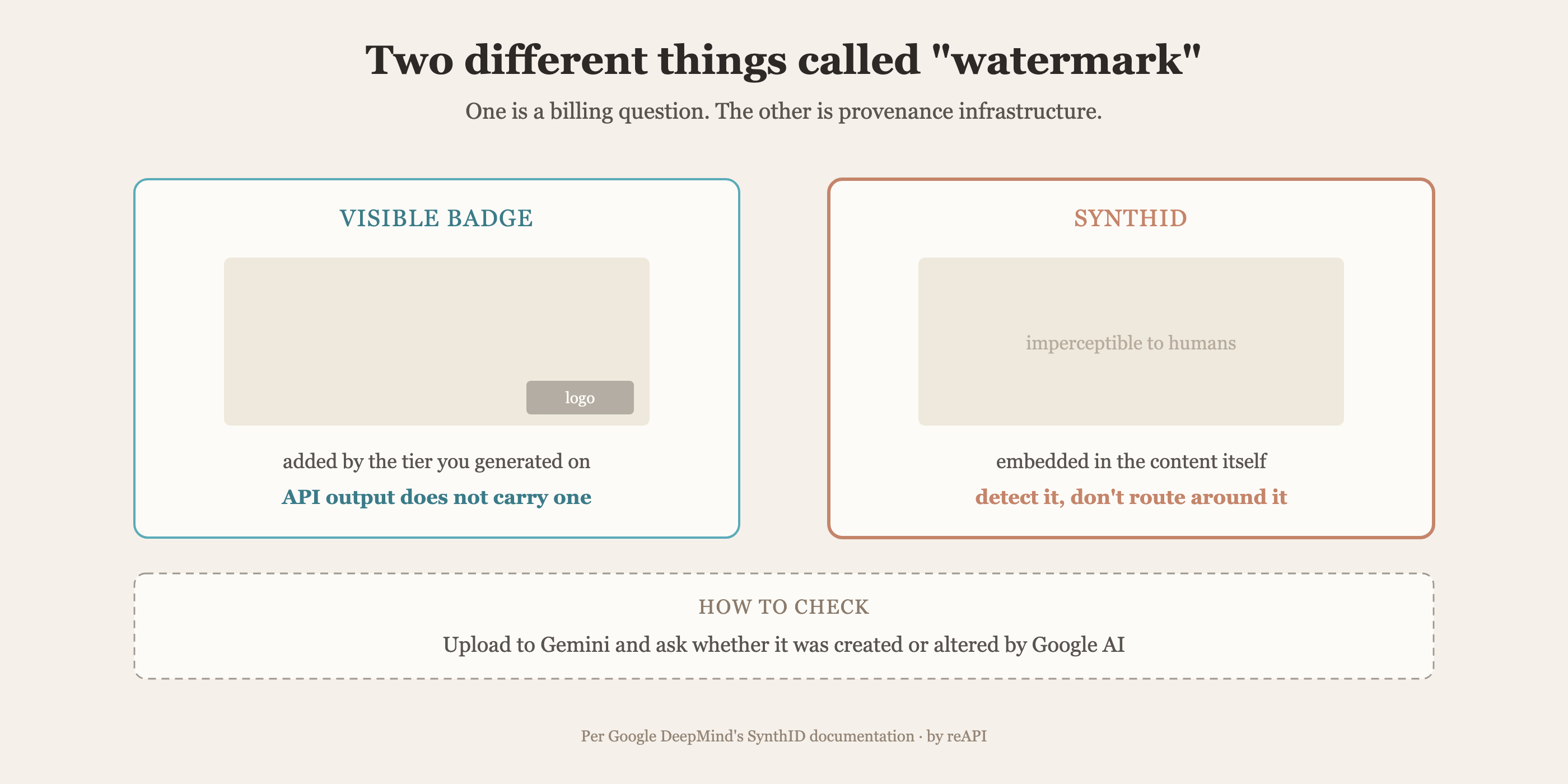 A visible corner badge added by a consumer tier alongside SynthID, an imperceptible provenance marker embedded in the content itself, with the Gemini upload check as the detection path