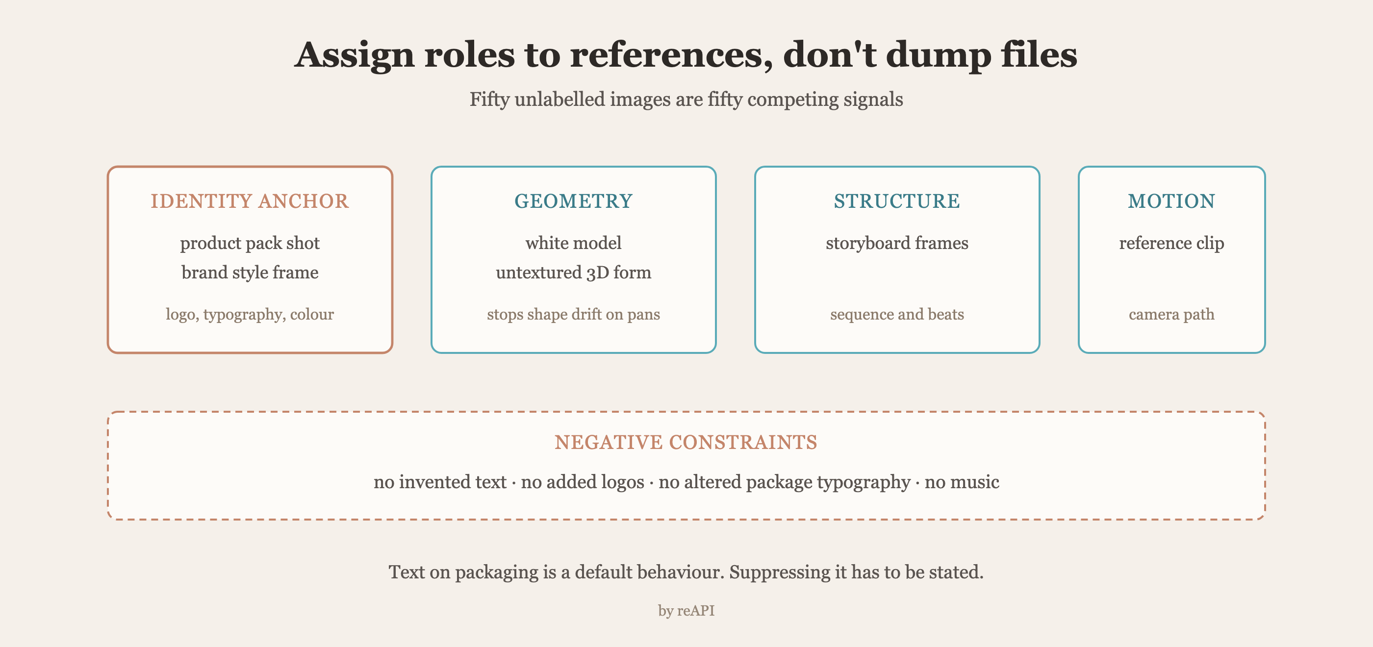 Reference roles for e-commerce video generation: identity anchor, white-model geometry, storyboard structure, and motion clip, plus the negative constraints that suppress invented text