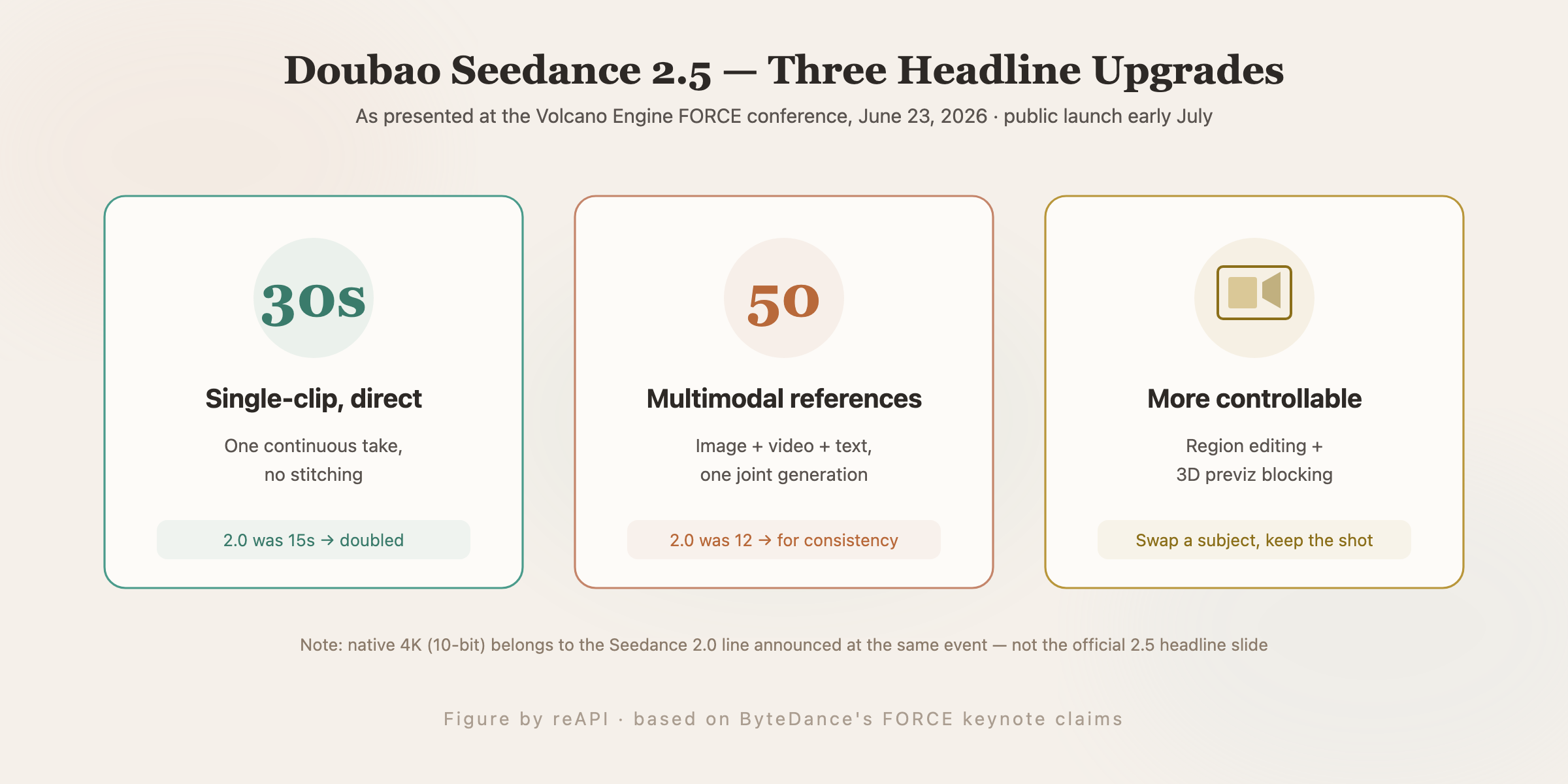 Seedance 2.5 key capability pillars: 30-second single-clip duration, 50 multimodal reference materials, and region-level editing control