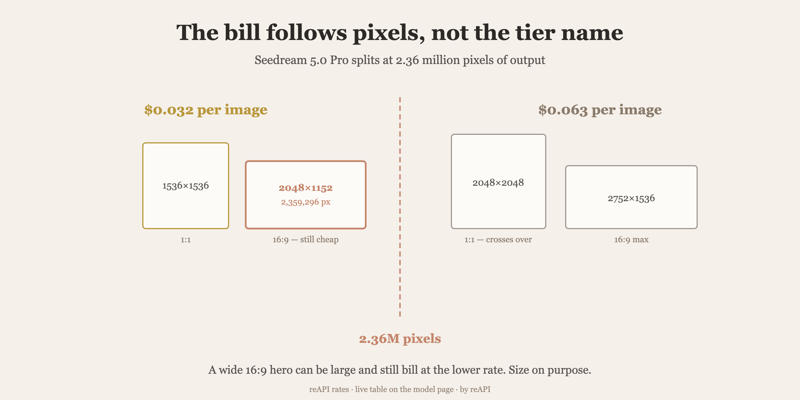 Seedream 5.0 Pro pixel boundary at 2.36 million pixels, showing a 2048x1152 sixteen-by-nine frame billing at the cheaper tier while a 2048x2048 square crosses into the higher tier