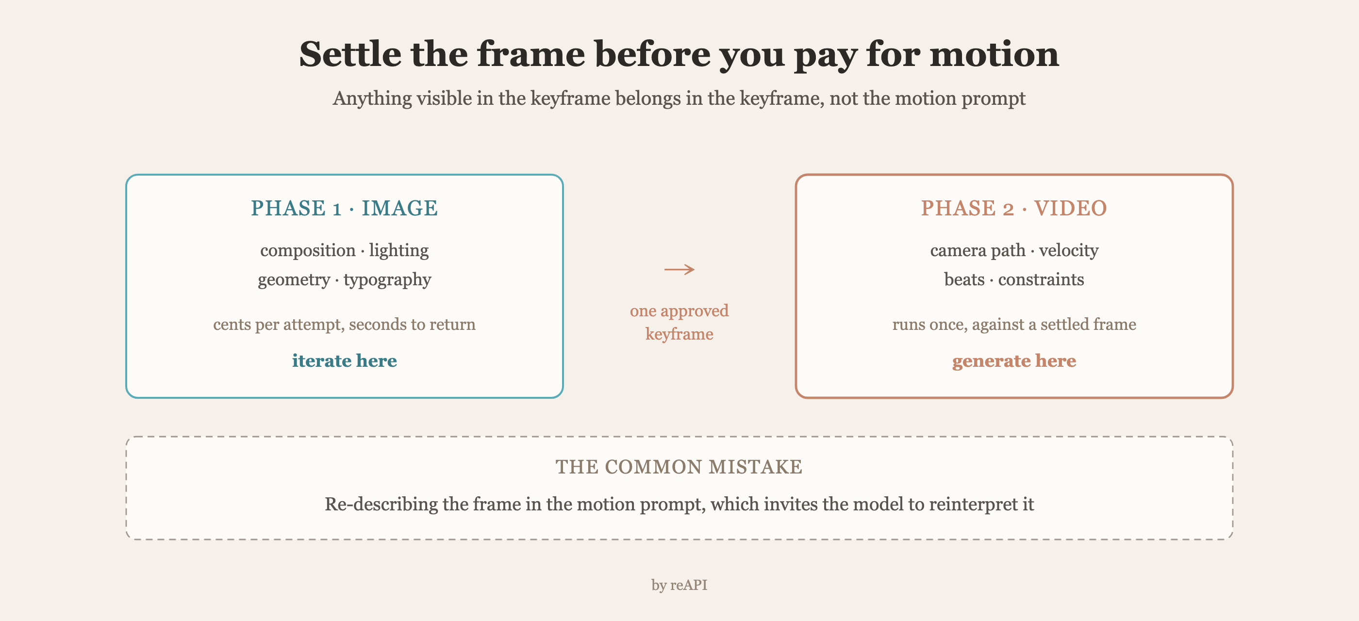 Two-phase pipeline: an image model settles composition, lighting, geometry and typography, then hands one approved keyframe to the video model, which owns camera path, velocity and beats