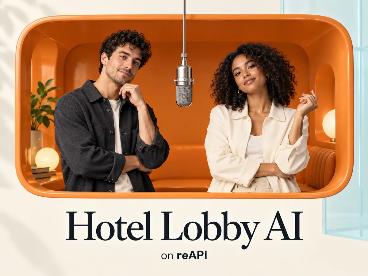 Hotel Lobby AI Illustration mit zwei Personen an einem Mikrofon vor orangefarbenem Hintergrund
