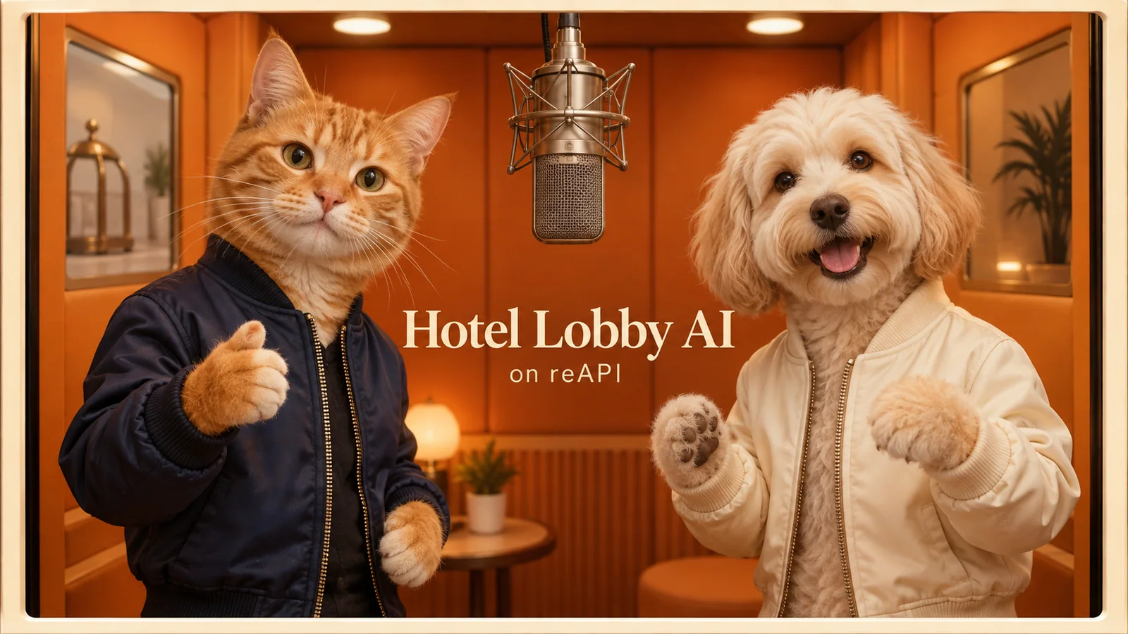 Hotel Lobby AI Konzept mit einer Katze und einem Hund am Mikrofon